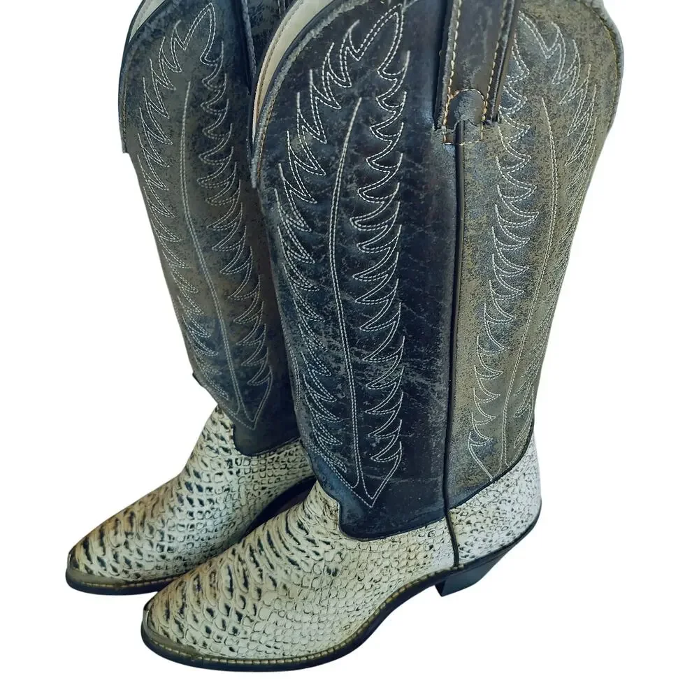 4840)Sheplers Leather Vamp Phyton Women Pointed Toe Silver Tips Cowgirl Boots 8M - Picture 5 of 13